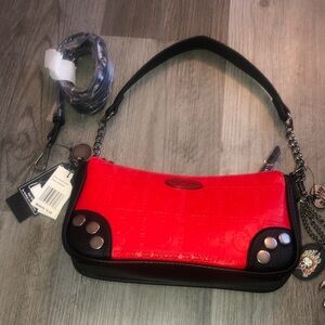 Ed Hardy Red & Black Faux Leather Shoulder Bag Embossed Skull & Logo Accents NWT